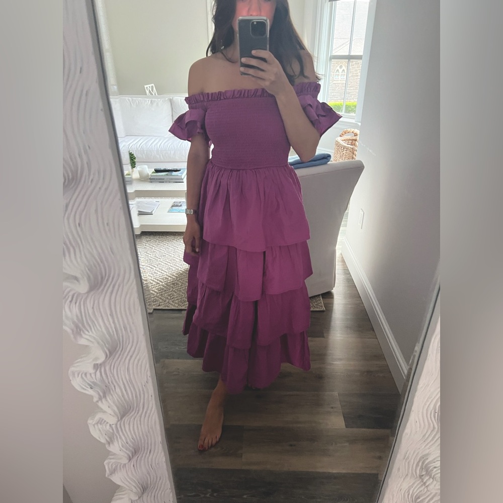 Cleobella off-the-shoulder smocked purple midi dress